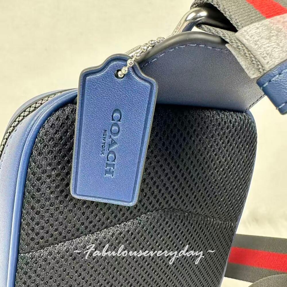Coach Men's Racer Sling Pack With Varsity Stripe Webbing Leather/Deep Blue CDC85 - Picture 8 of 11